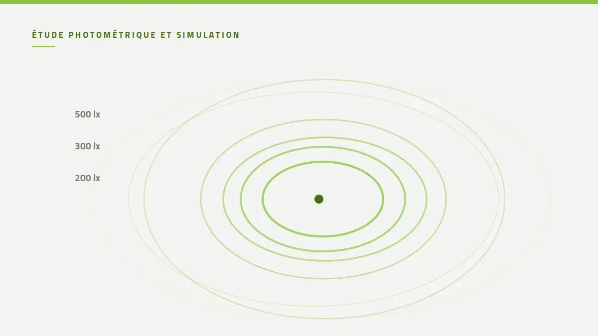 Planche de quatre extraits d'une étude photométrique: plan d'implantation coté, courbes isolux, rendu en fausses couleurs et tableau de résultats
